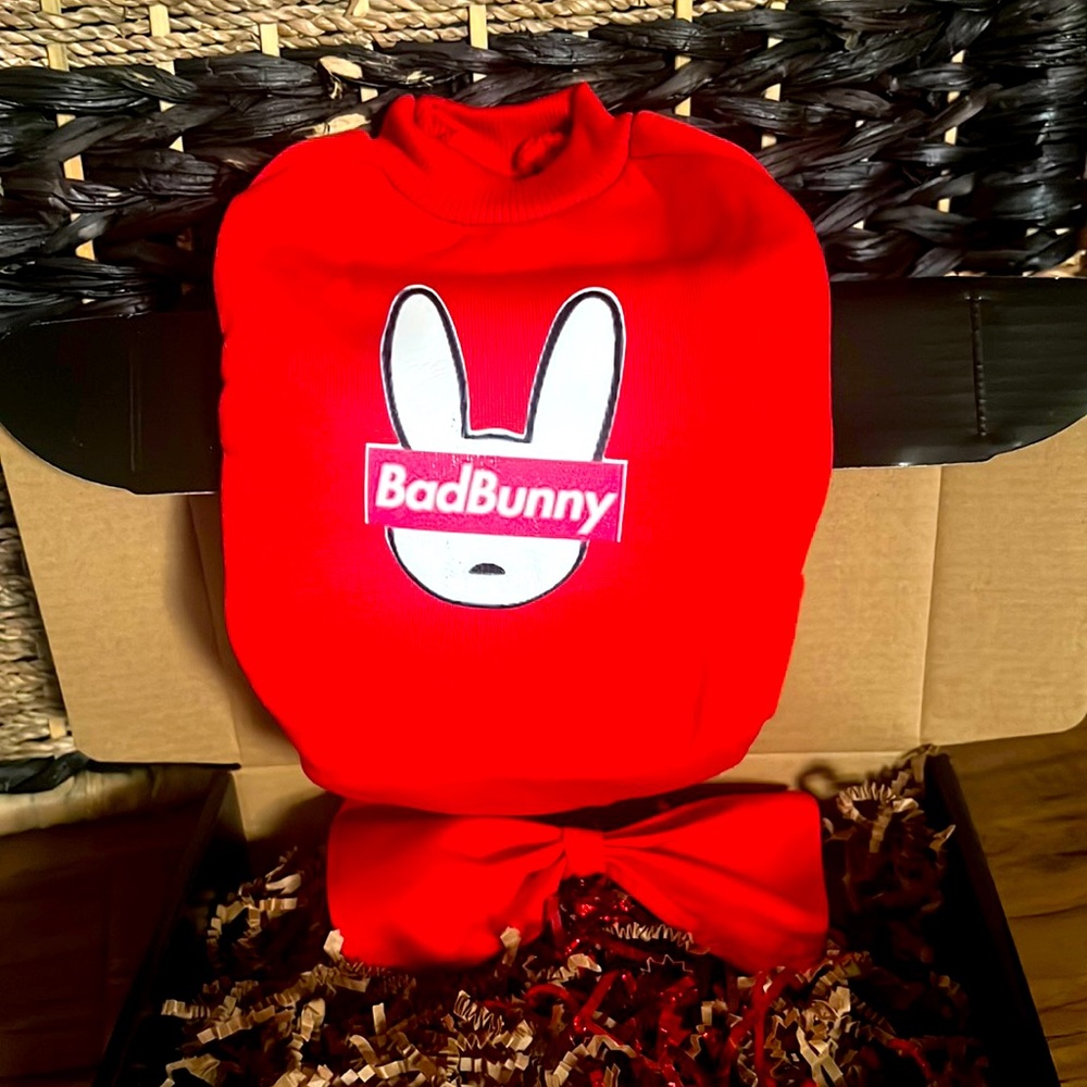 Bad bunny dog sweater in red with a bow